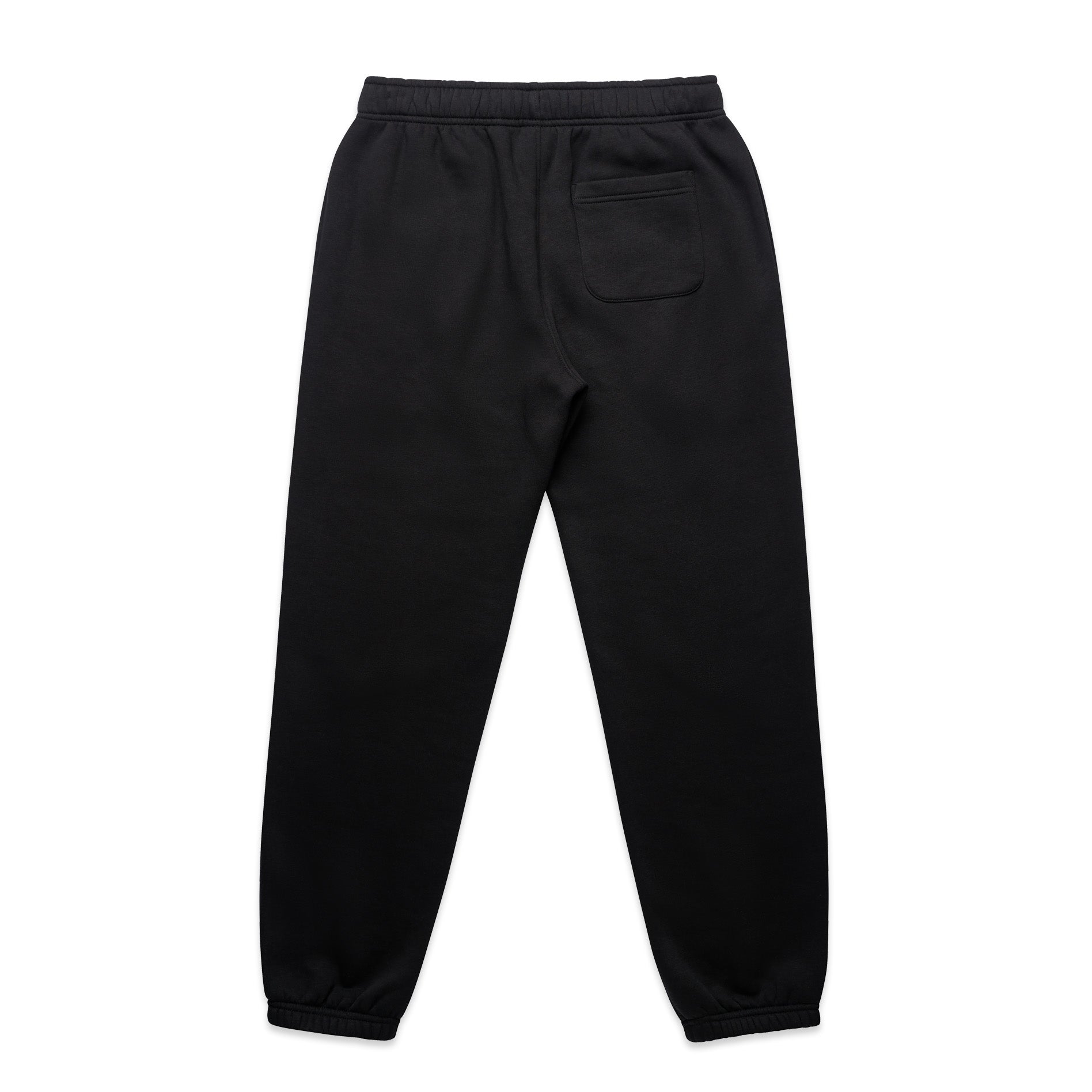 Black track pants on a white background. Back view. Flatlay. Normalize Neurodivergence.