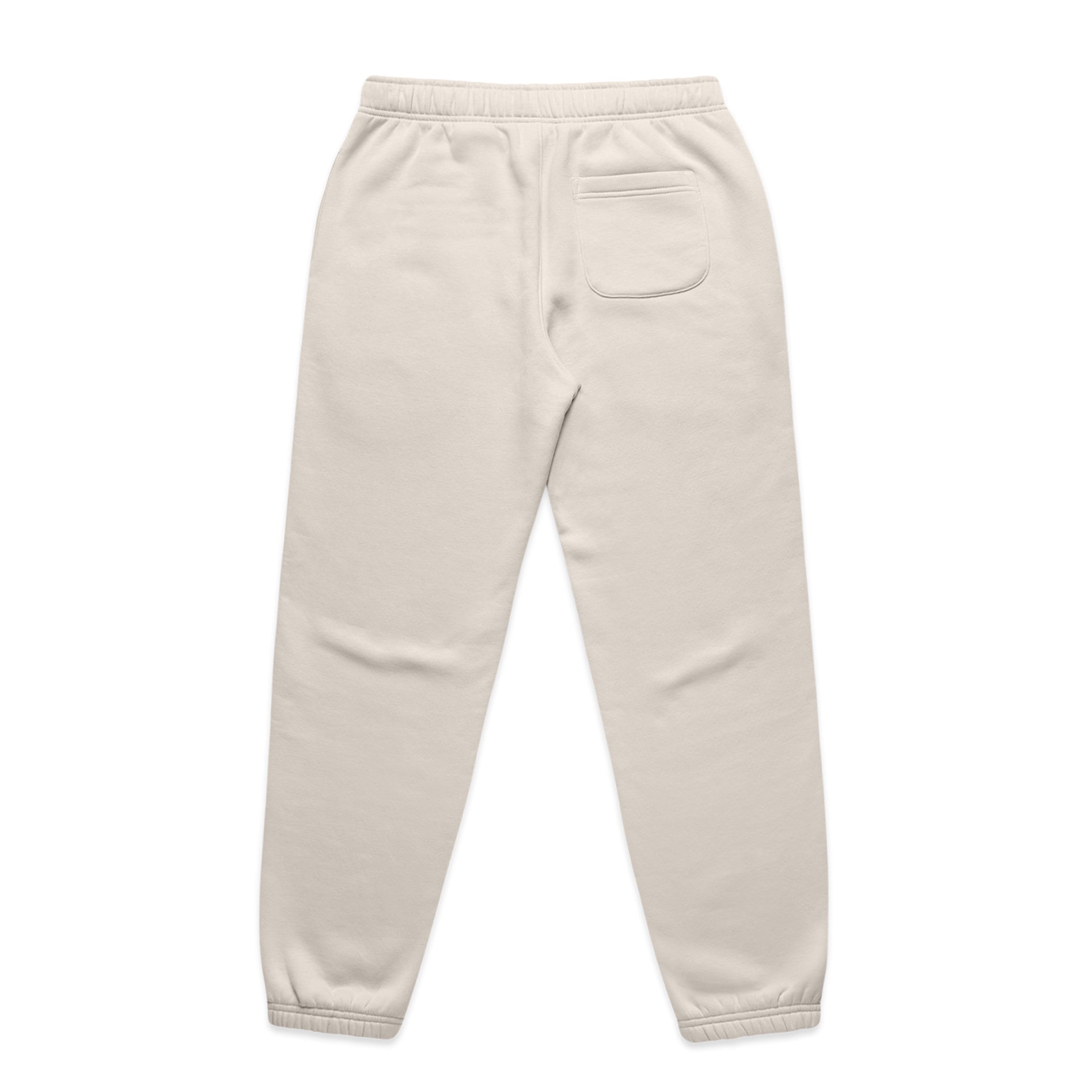 Bone coloured track pants on a white background. Back view. Flatlay. Normalize Neurodivergence.