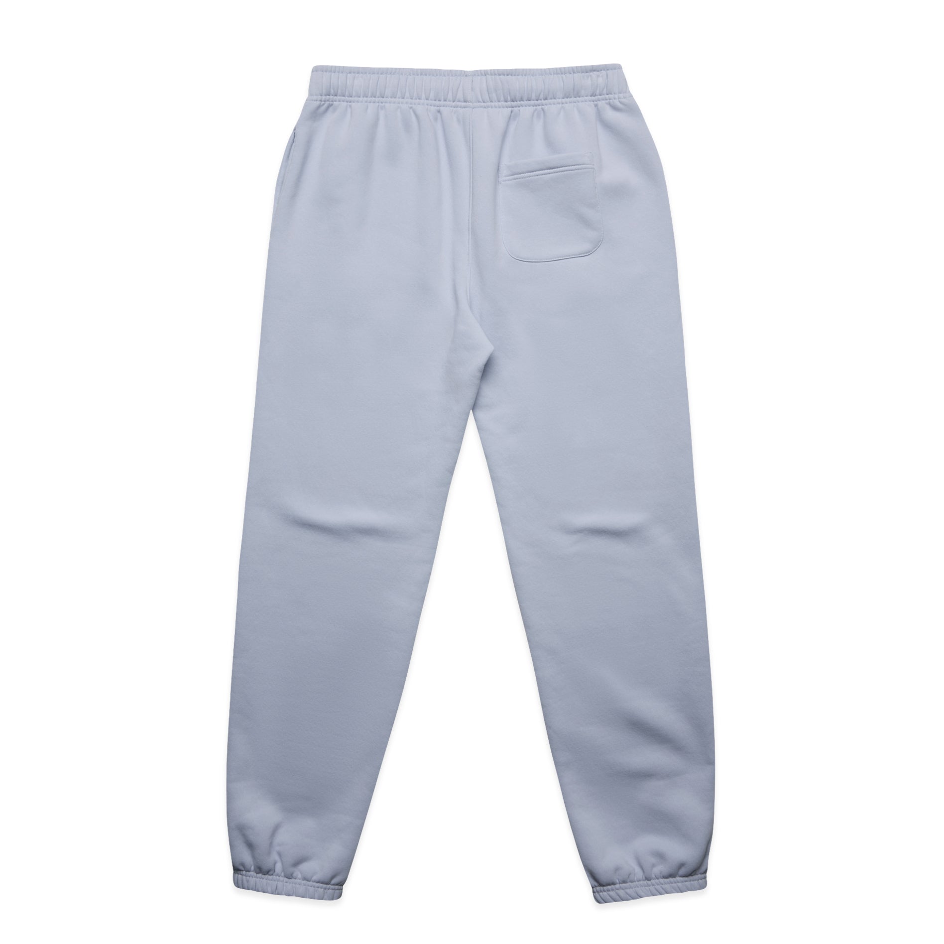 Powder blue track pants on a white background. Back view. Flatlay. Normalize Neurodivergence.