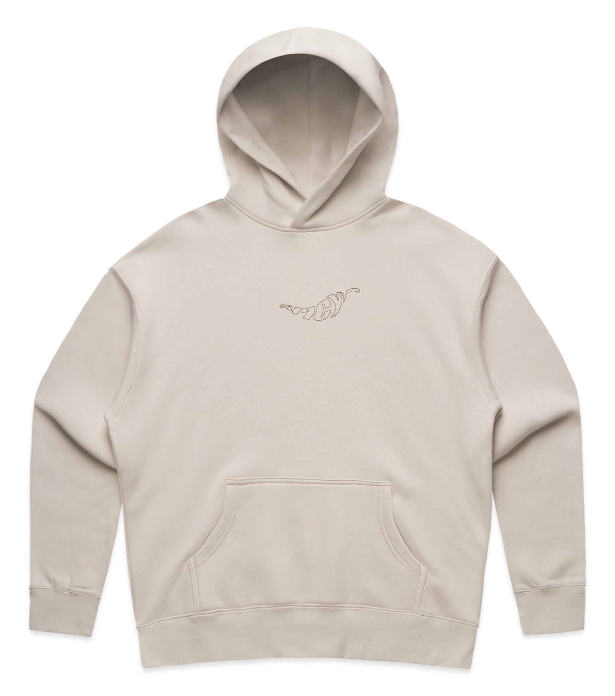 Bone coloured hoodie with a embroidered spicy logo on a white background. Flatlay. Normalize Neurodivergence.
